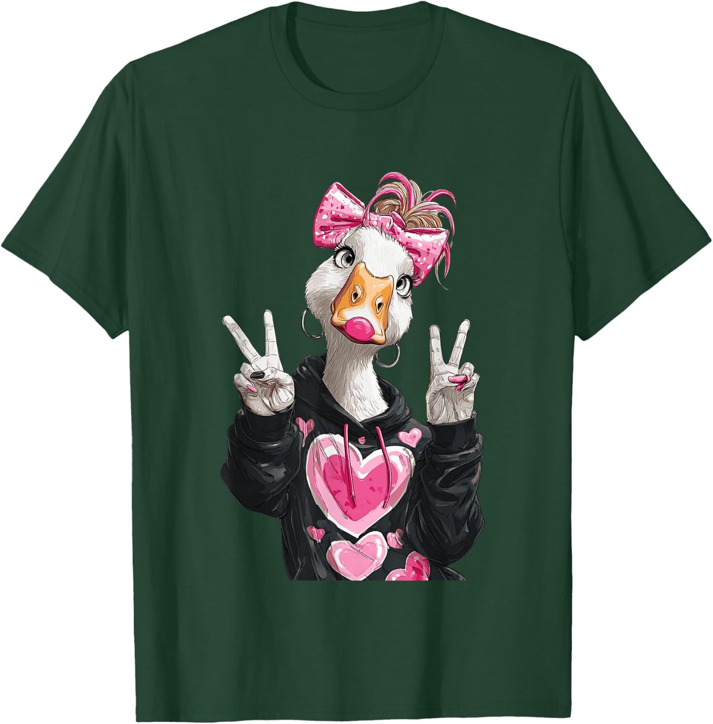 Cute Goose Girl Bubble Gum Peace Sign Animal Graphic Pink T-Shirt - T-Shirt | Forest