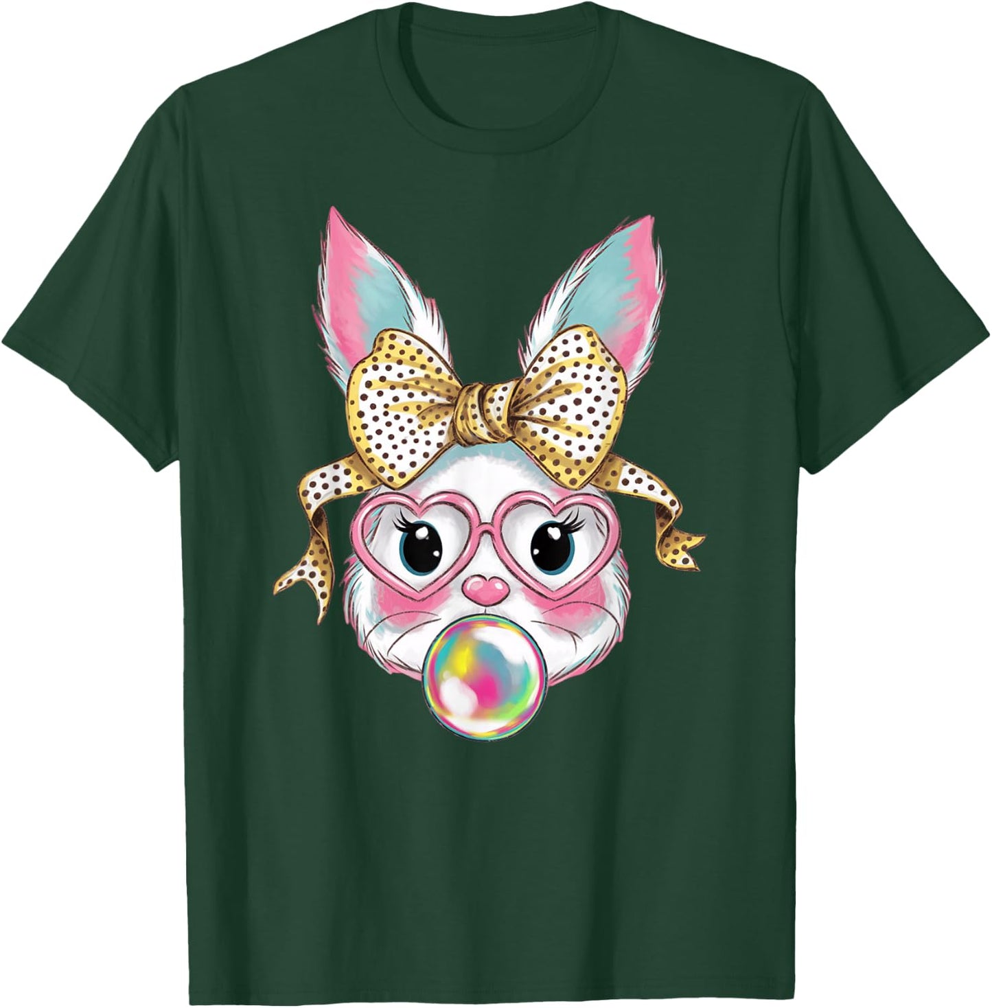 Cute Rabbit Bunny Face Blowing Bubble Gum Easter Day Girls T-Shirt - T-Shirt | Forest