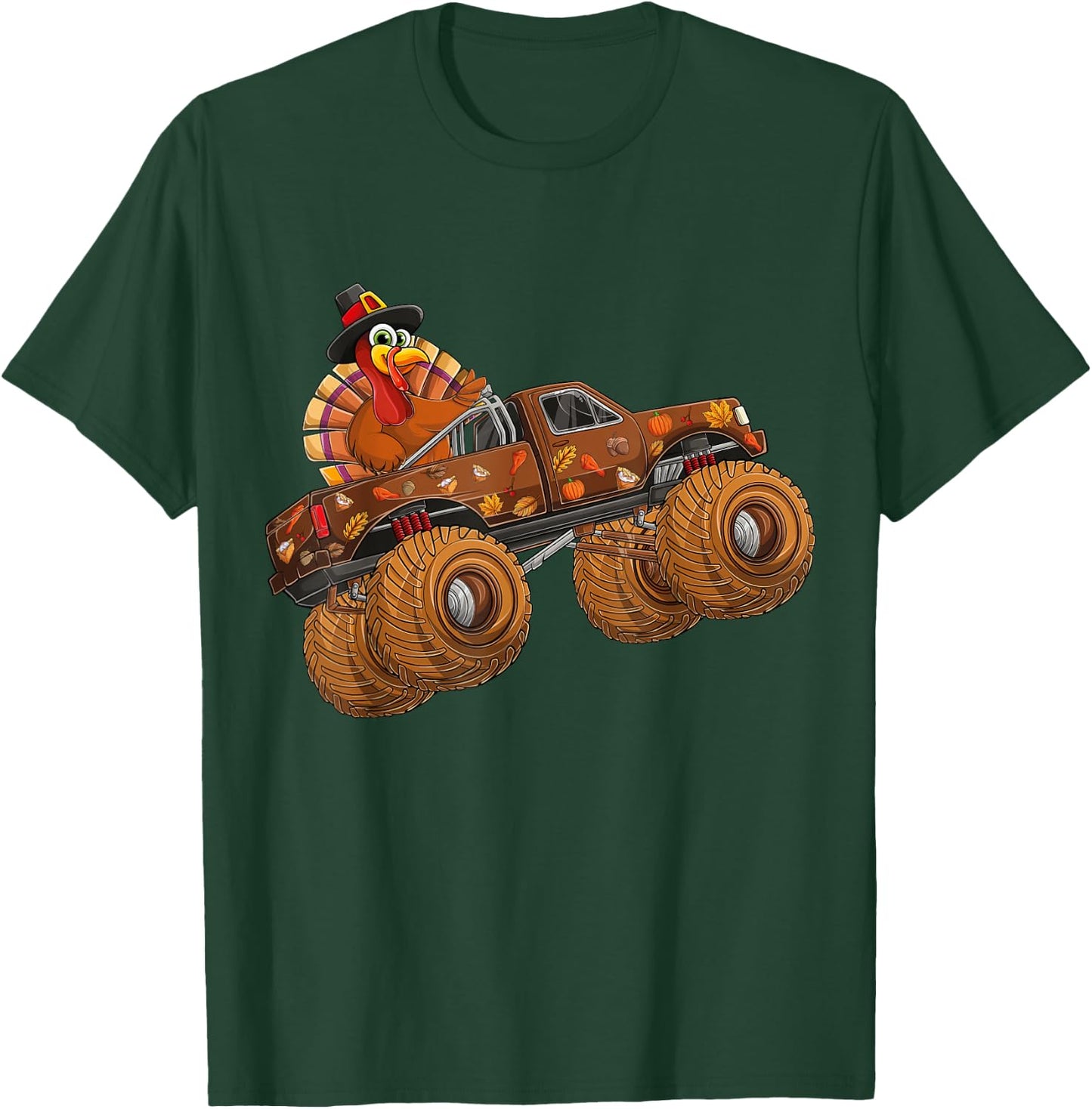 Funny Thanksgiving Turkey Day Riding Monster Truck Kids Boy T-Shirt - T-Shirt | Forest