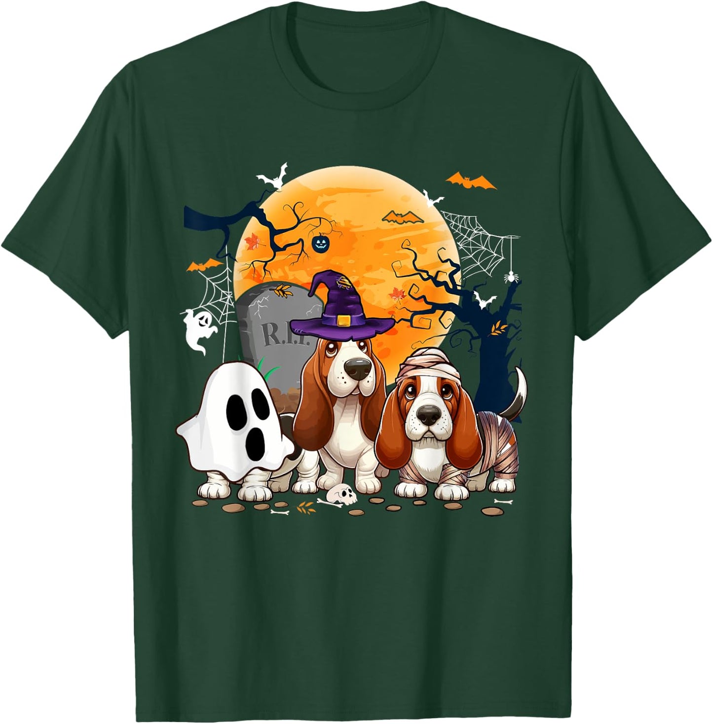 Three Halloween Basset Hounds Cosplay Witch Ghost Mummy T-Shirt - T-Shirt | Forest