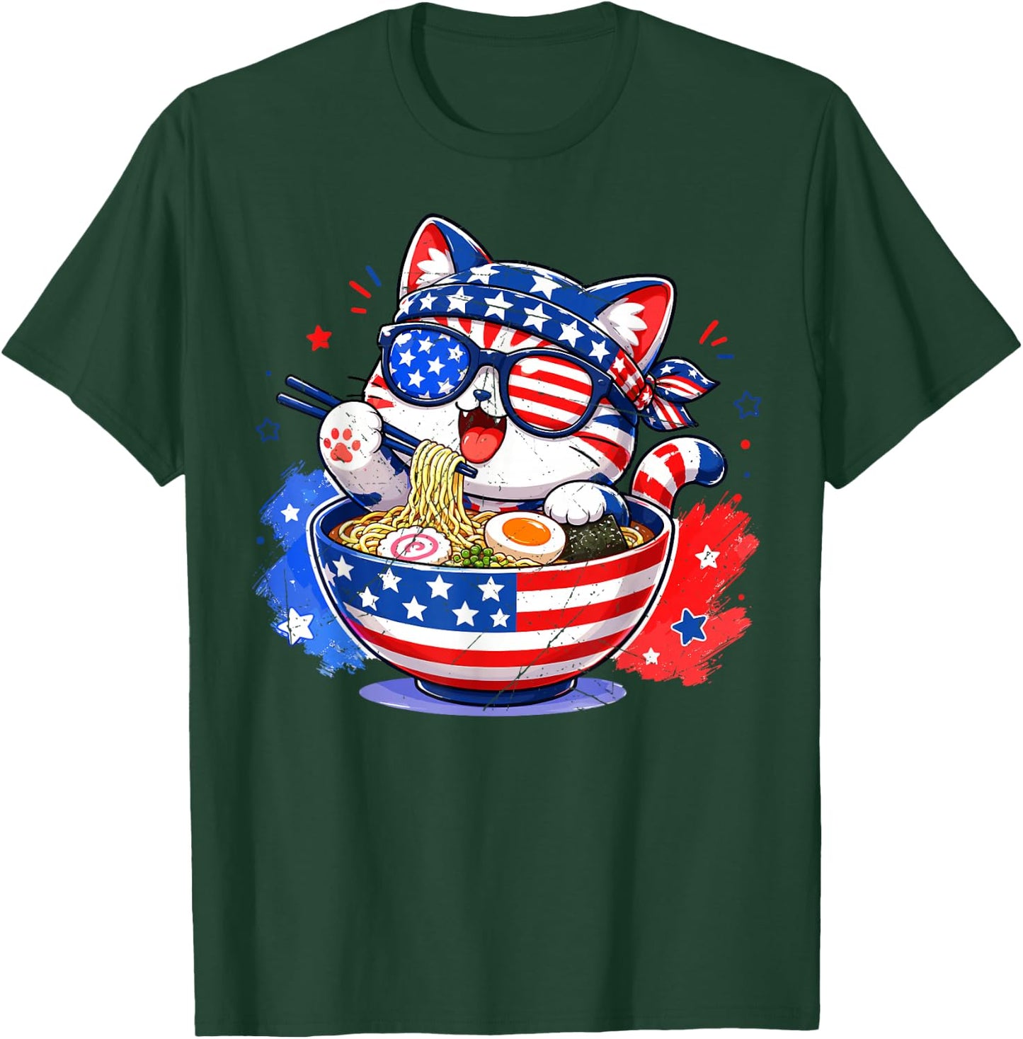 Cute Cat Ramen Anime American Flag USA Patriotic 4th of July T-Shirt - T-Shirt | Forest
