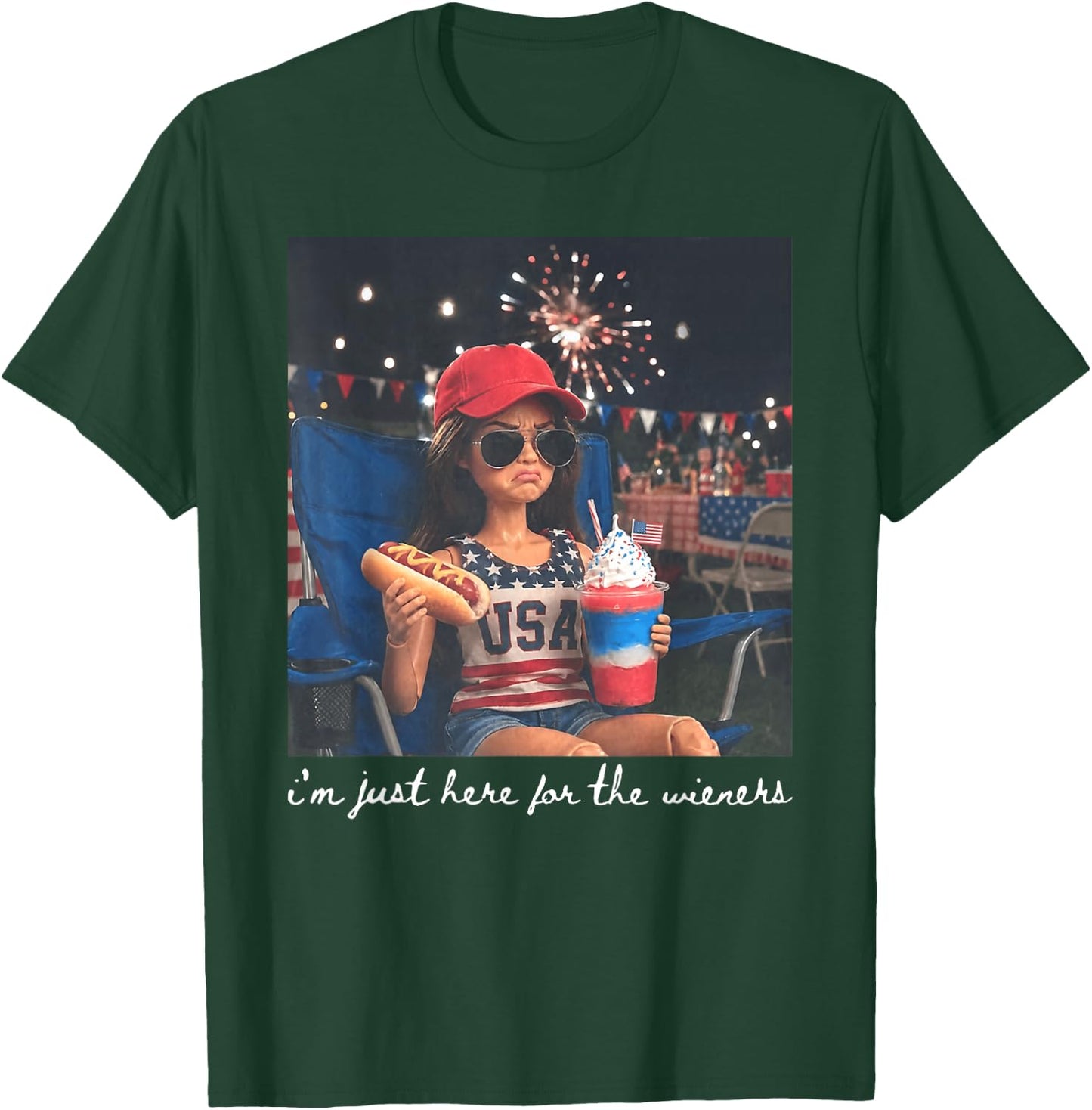Just Here for The Wieners Funny 4th of July Girl Face Meme T-Shirt - T-Shirt | Forest