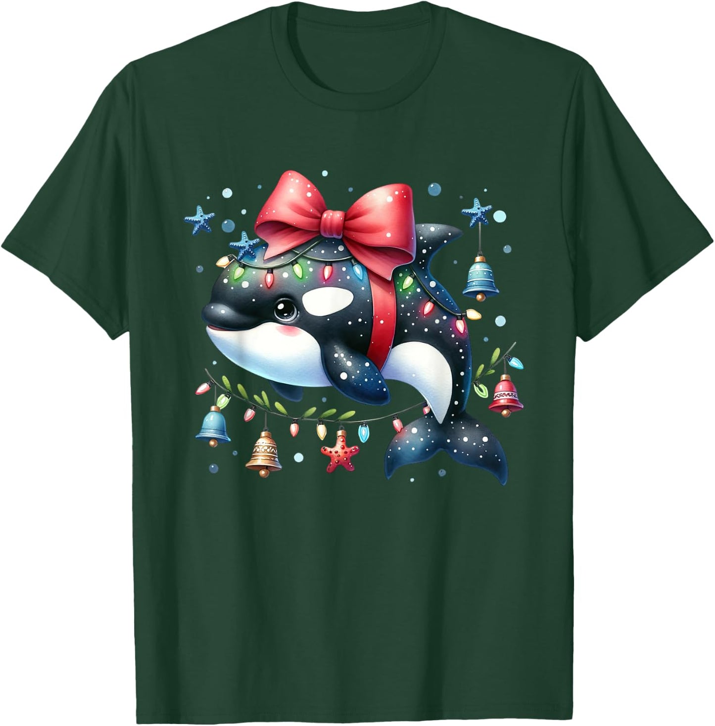 Santa Orca Killer Whale for Boys Girls Christmas Tree Lights T-Shirt - T-Shirt | Forest