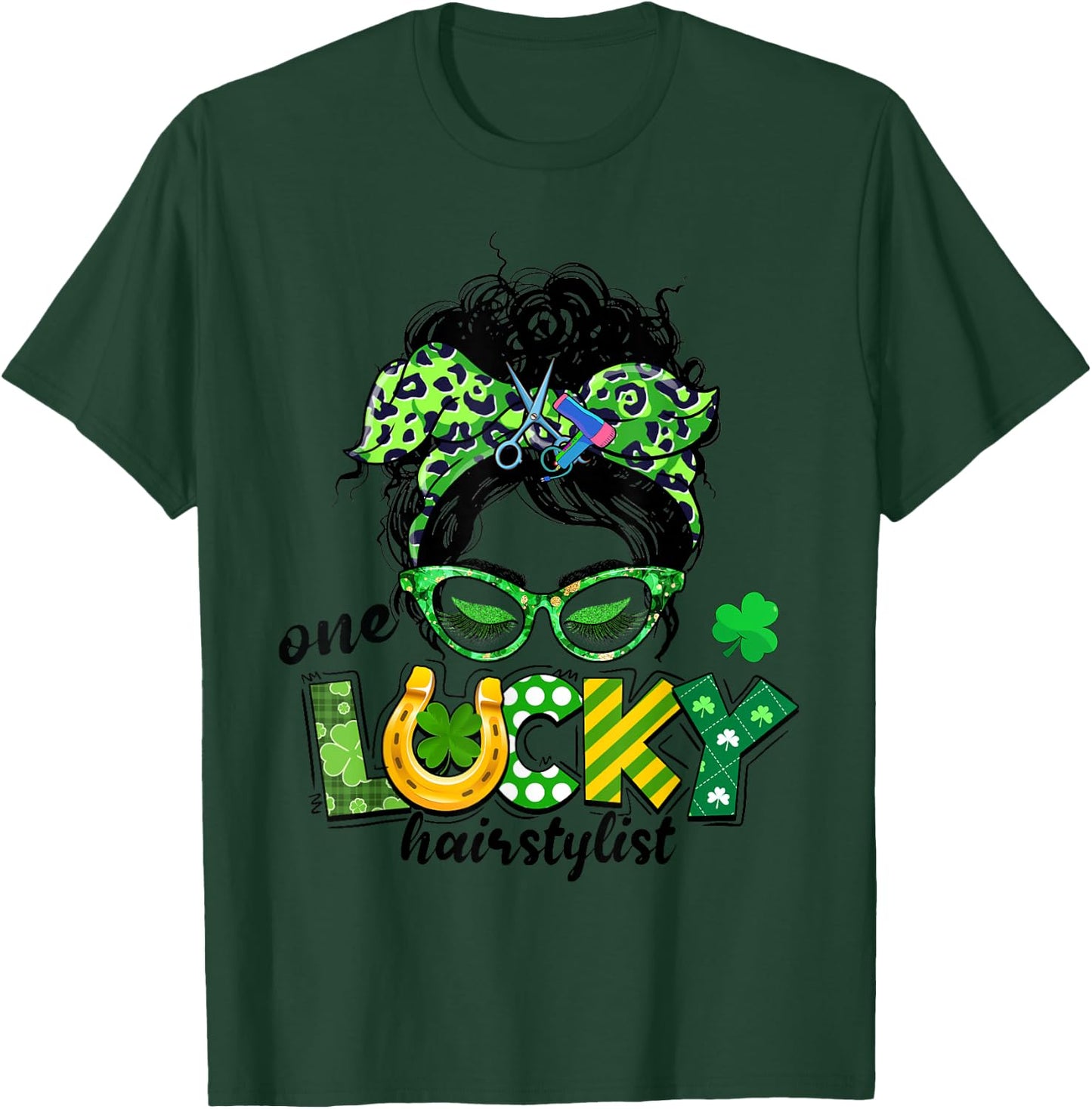 One Lucky Hairstylist Messy Bun Women St Patrick's Day T-Shirt - T-Shirt | Forest