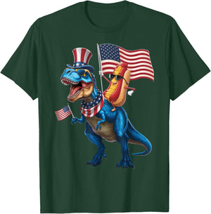Hotdog Riding TRex Dinosaur 4th of July USA Flag T-Shirt - T-Shirt | Forest