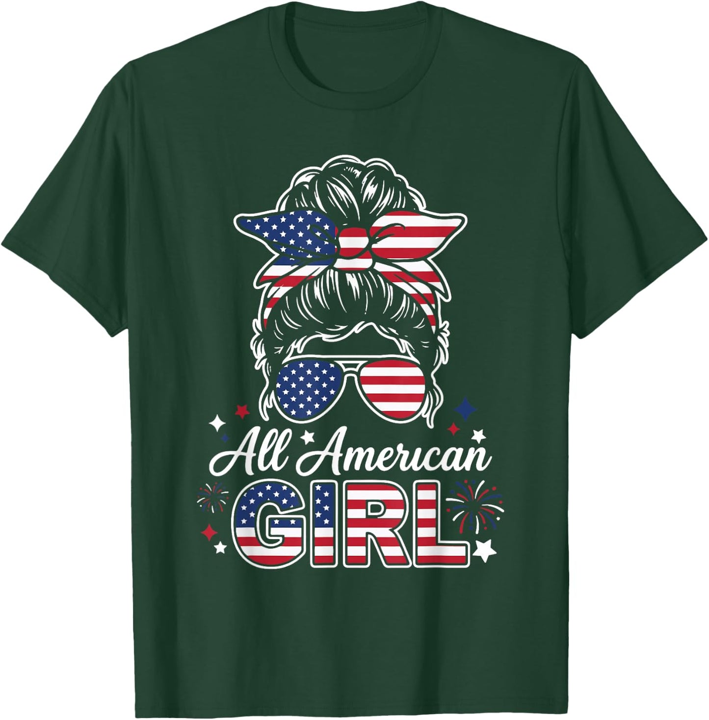 All American Girl Messy Bun USA Patriotic Style T-Shirt - T-Shirt | Forest
