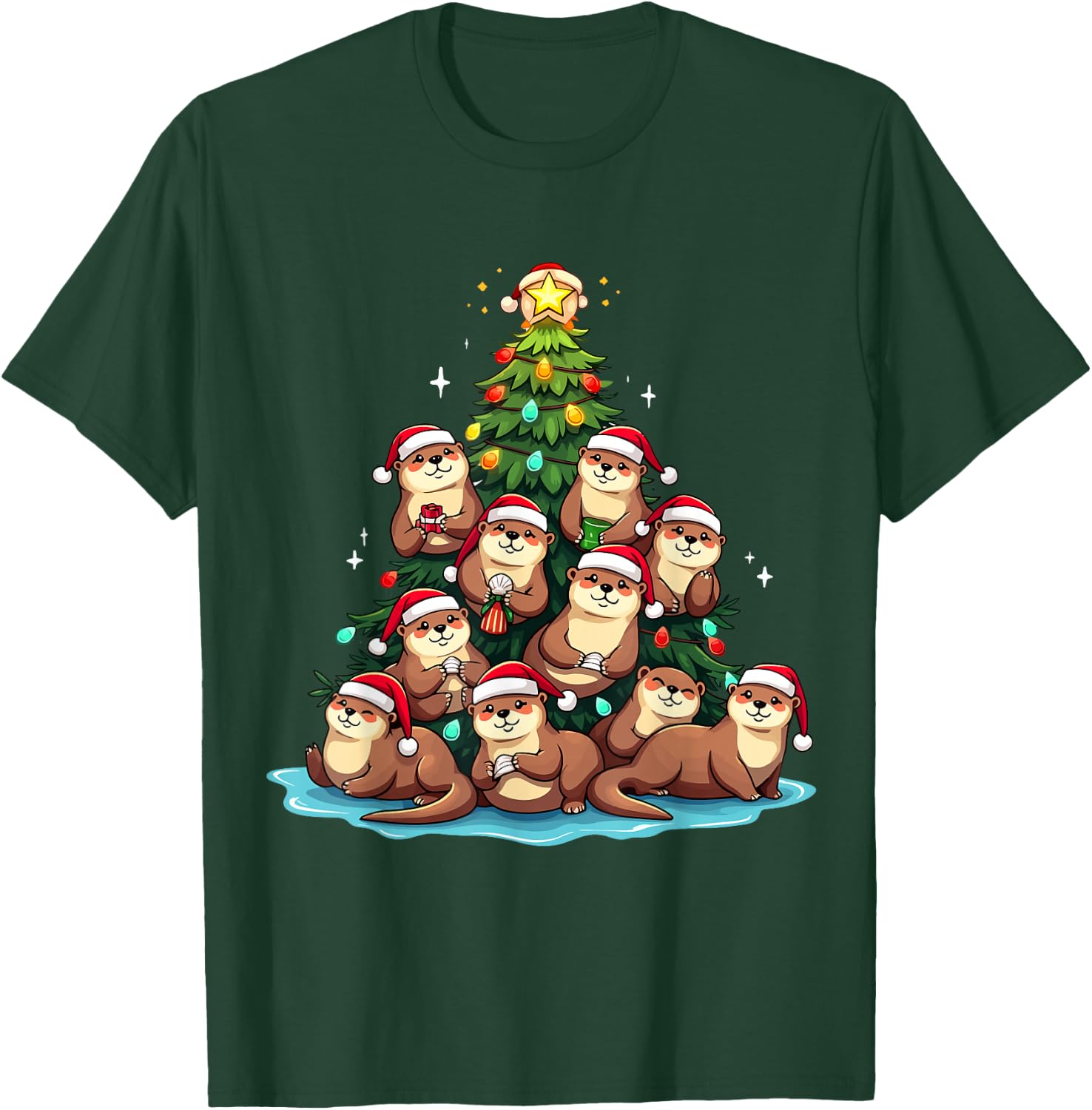 Otter Christmas Tree Funny Water Weasel Holiday T-Shirt - T-Shirt | Forest