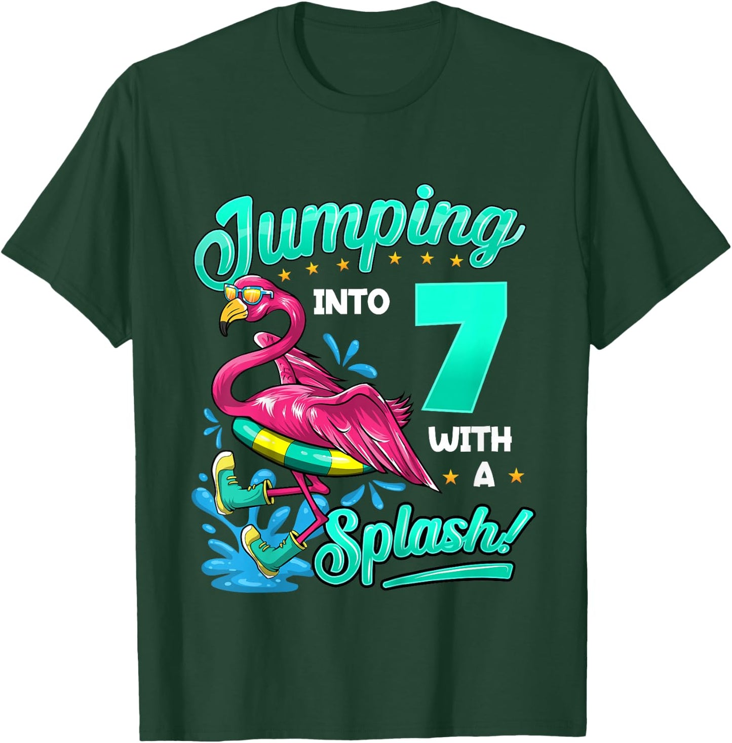 7th Birthday Flamingo Pool Party Jumping Into 7 Years Old T-Shirt - T-Shirt | Forest