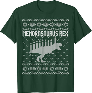 Funny Ugly Hanukkah Sweater Shirt Dinosaur Trex Menorasaurus T-Shirt - T-Shirt | Forest