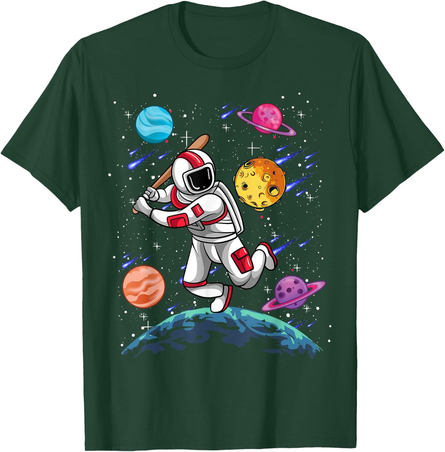 Astronaut Softball Player Sport Galaxy Outer Space Planets T-Shirt - T-Shirt | Forest