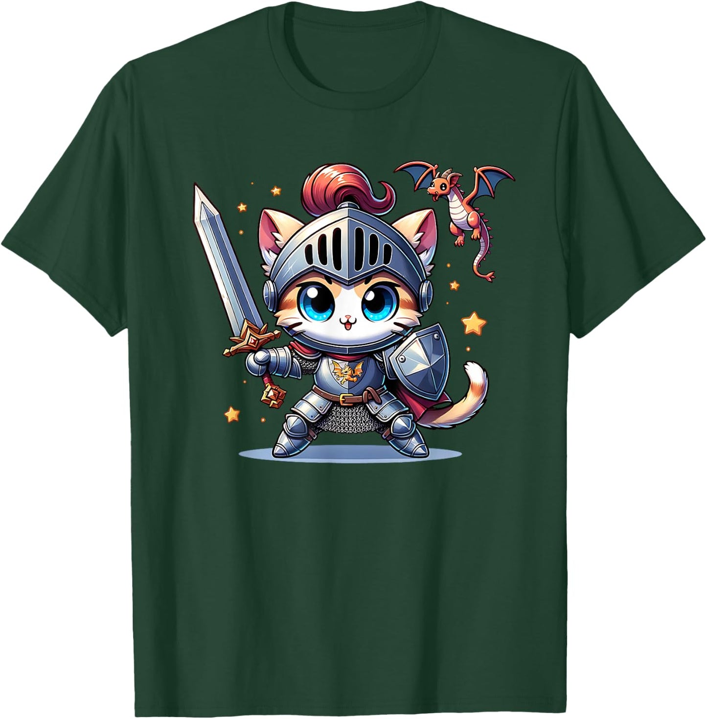 Ren Faire Medieval Knight Cat Kitten Sword Dragon Graphic T-Shirt - T-Shirt | Forest