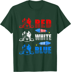 Red White Blue Three Cute Pit Bull 4th Of July American Flag T-Shirt - T-Shirt | Forest