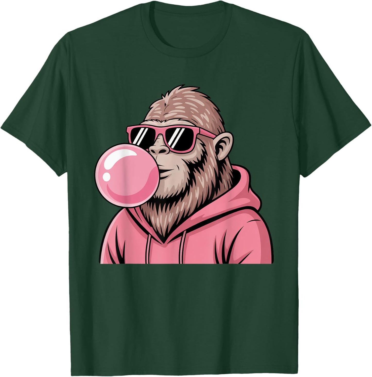 Bigfoot Sasquatch Blowing Pink Bubble Gum and Sunglasses T-Shirt - T-Shirt | Forest