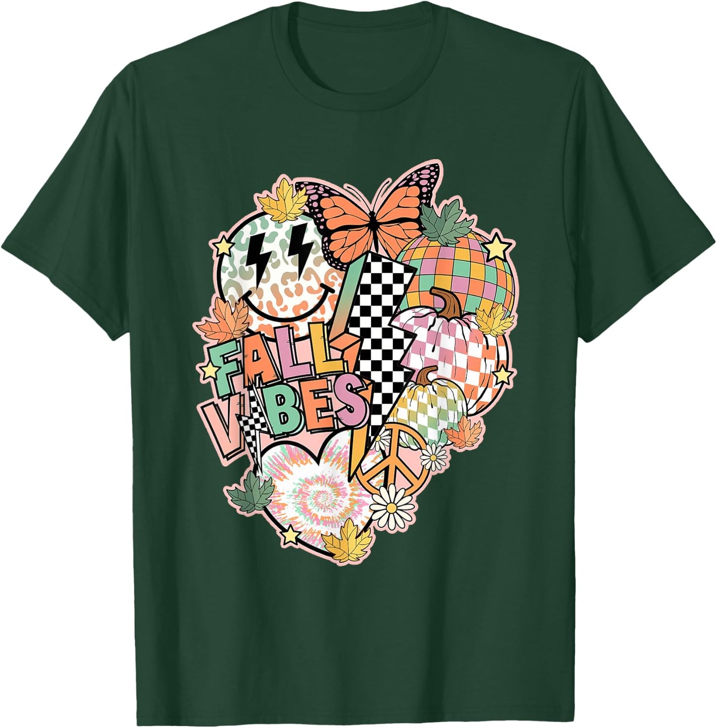 Fall Vibes Smile Face Hippie Groovy Thanksgiving Autumn T-Shirt - T-Shirt | Forest