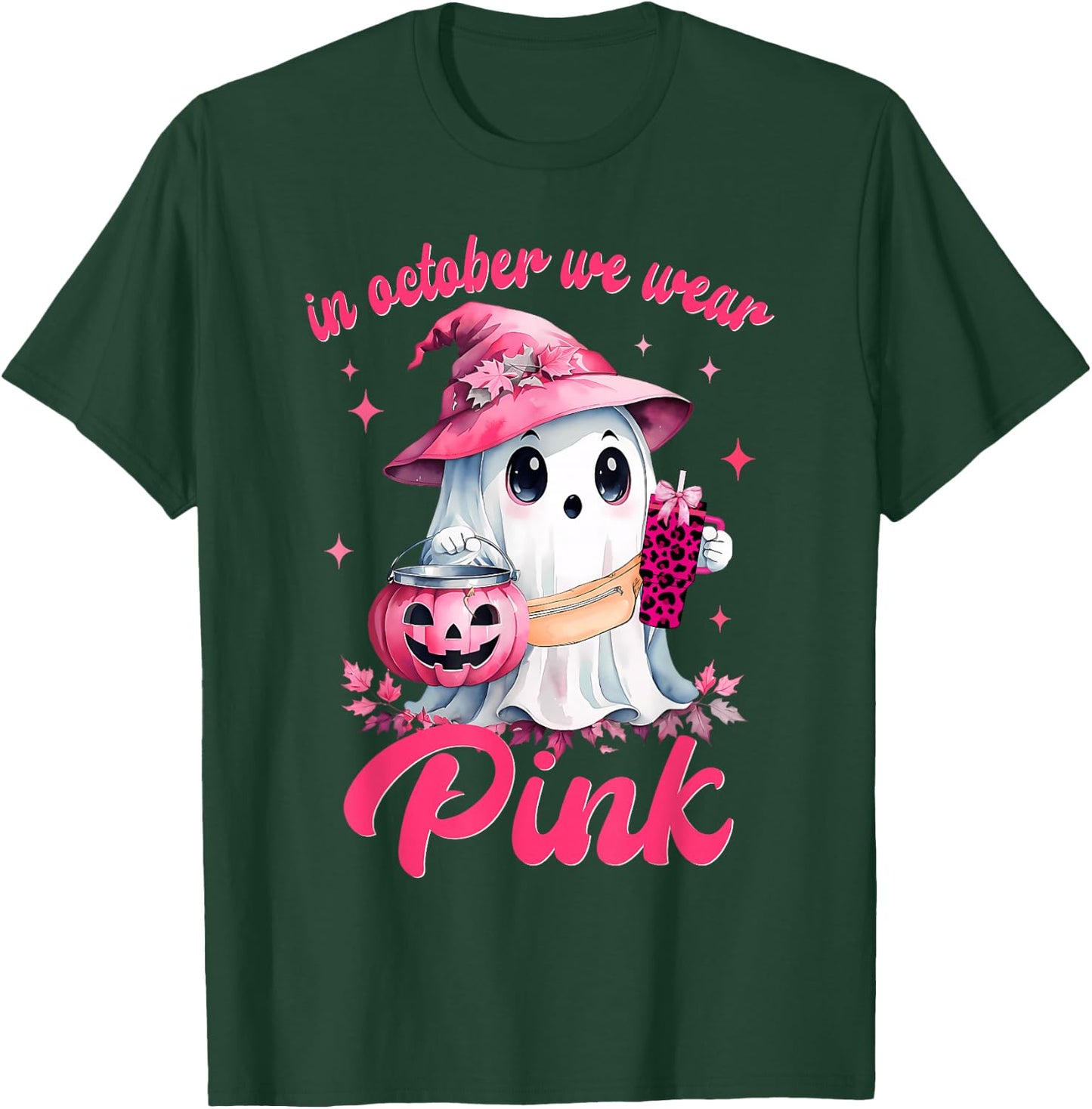 In October We Wear Pink Ghost Witch Breast Cancer Awareness T-Shirt - T-Shirt | Forest