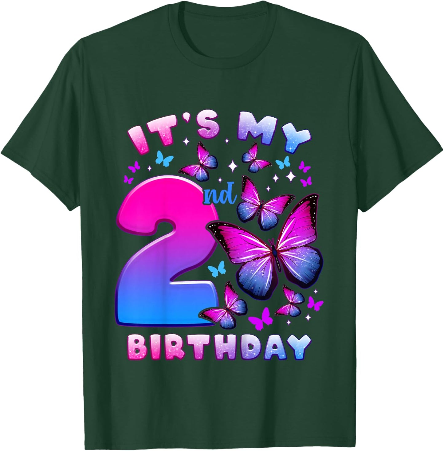 Birthday Girl 2 Years Old Butterfly Number 2 T-Shirt - T-Shirt | Forest