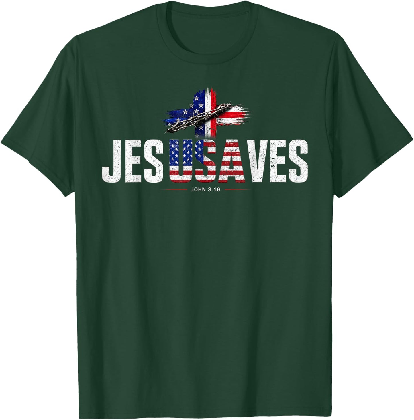 Jesus Saves Cross Subtle Christian Religious Faith USA Flag T-Shirt - T-Shirt | Forest