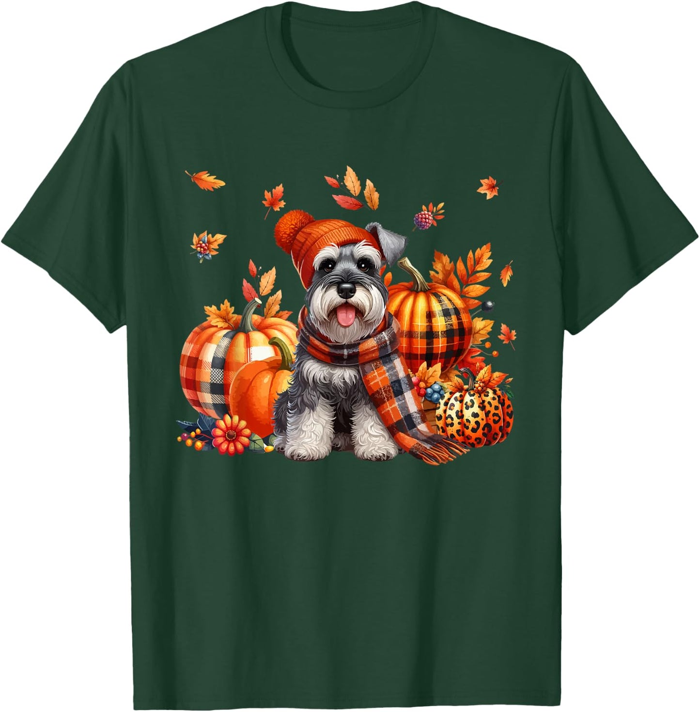 Schnauzer Thanksgiving Leopard Pumpkins Fall Leaves Lover T-Shirt - T-Shirt | Forest