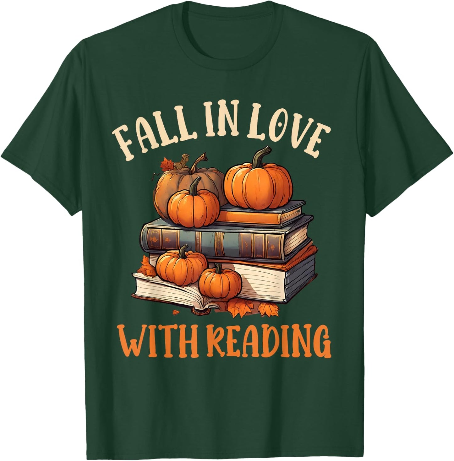 Fall In Love With Reading Book Autumn Pumpkins And Teachers T-Shirt - T-Shirt | Forest