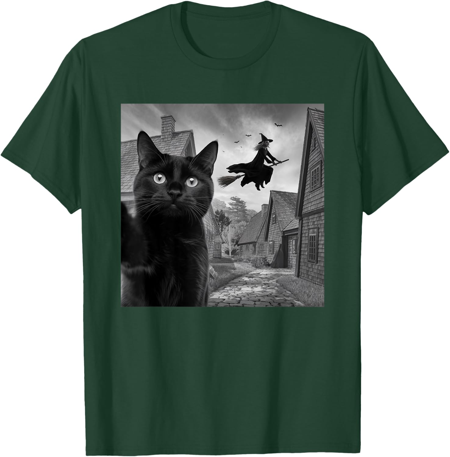 Witch and Black Cat Selfie Photo Halloween Magic Lovers T-Shirt - T-Shirt | Forest