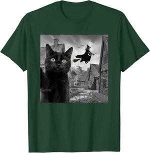Witch and Black Cat Selfie Photo Halloween Magic Lovers T-Shirt - T-Shirt | Forest
