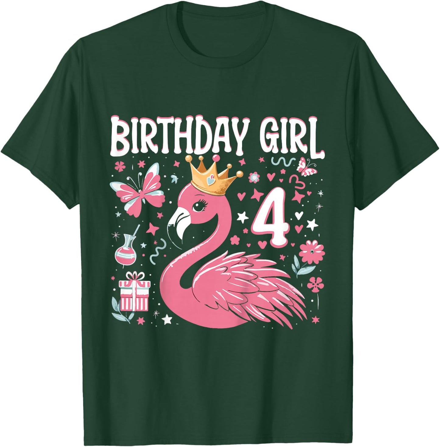 Kids 4th Birthday Gift Flamingo Fan 4 Year Old Girls 4th Bday T-Shirt - T-Shirt | Forest