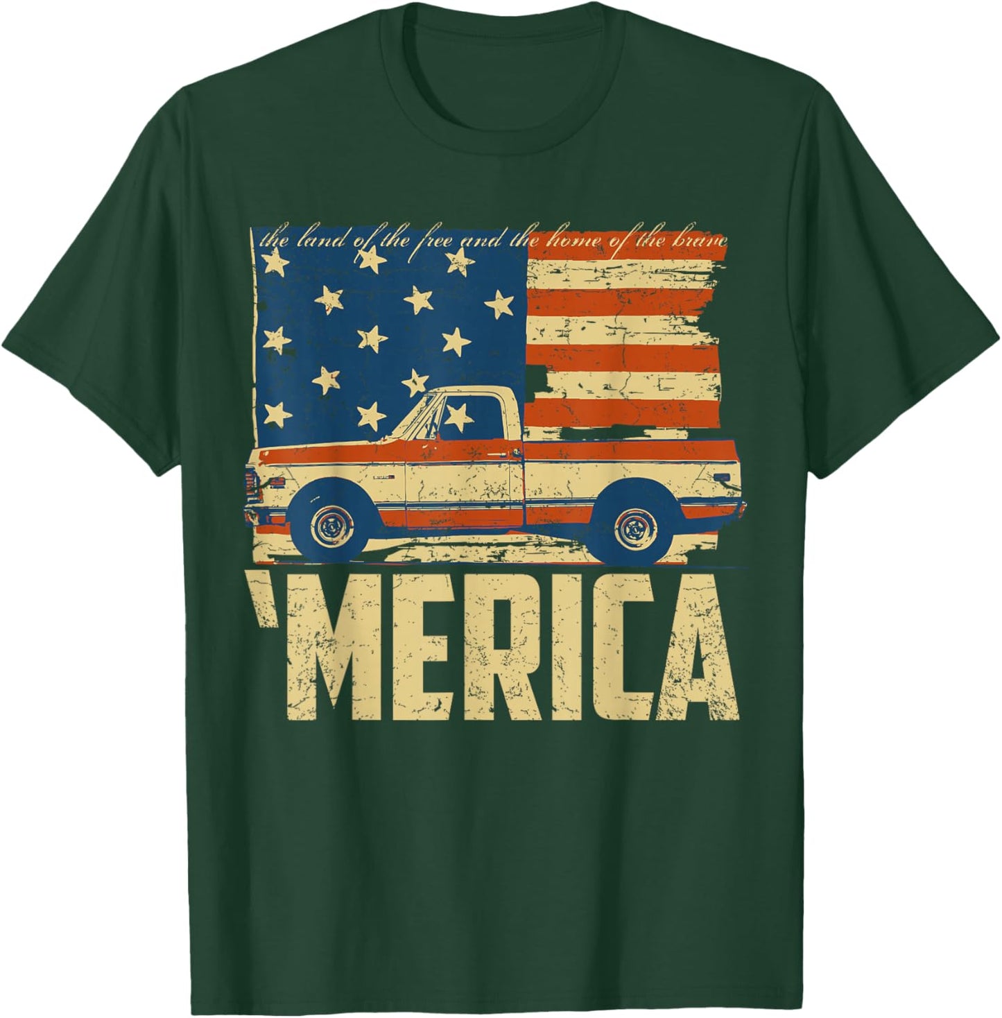 Classic Truck Design 'Merica American Flag with Pickup Truck T-Shirt - T-Shirt | Forest