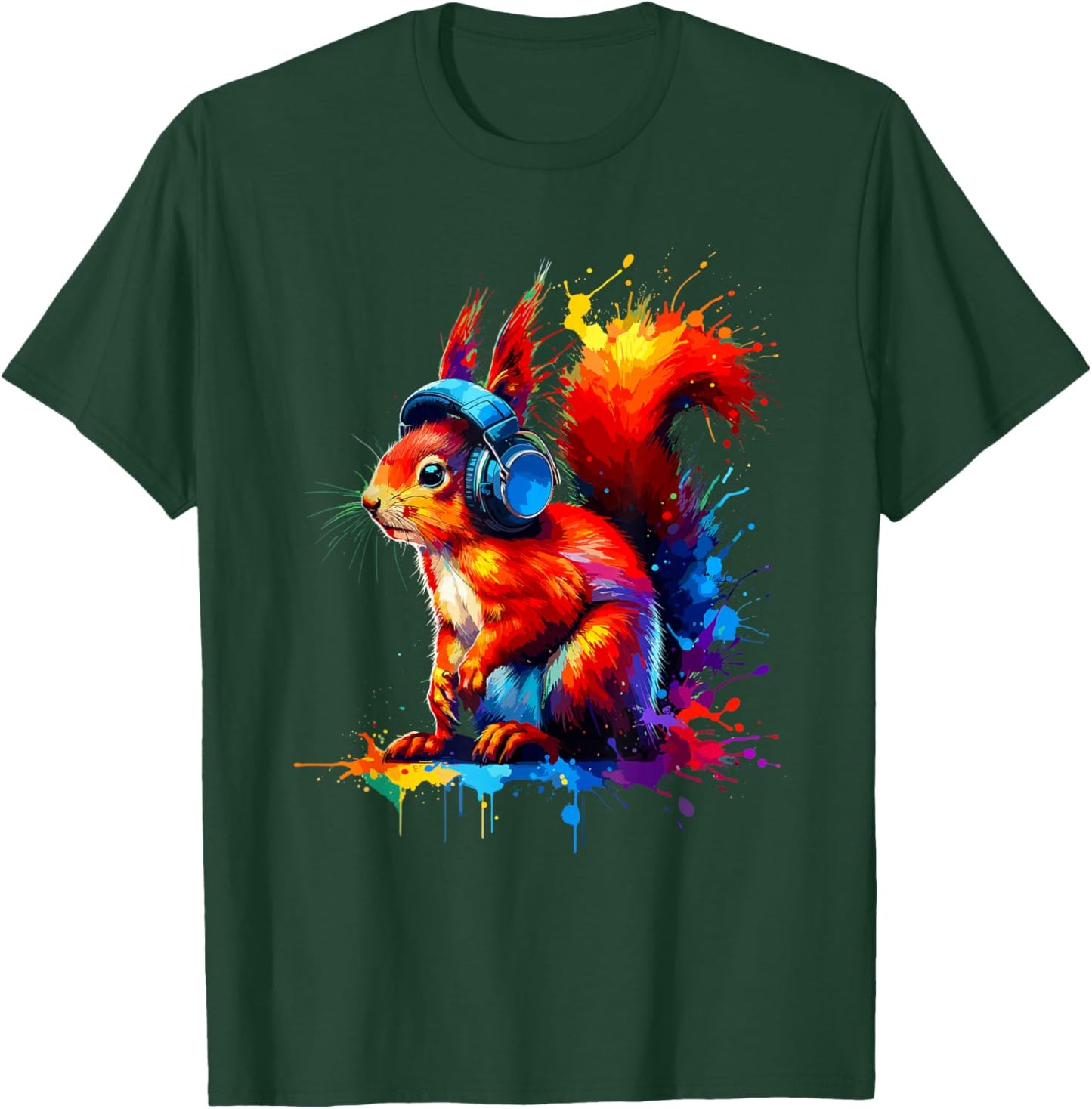 Colourful Splash Art Headphones with Red Squirrel , black T-Shirt - T-Shirt | Forest
