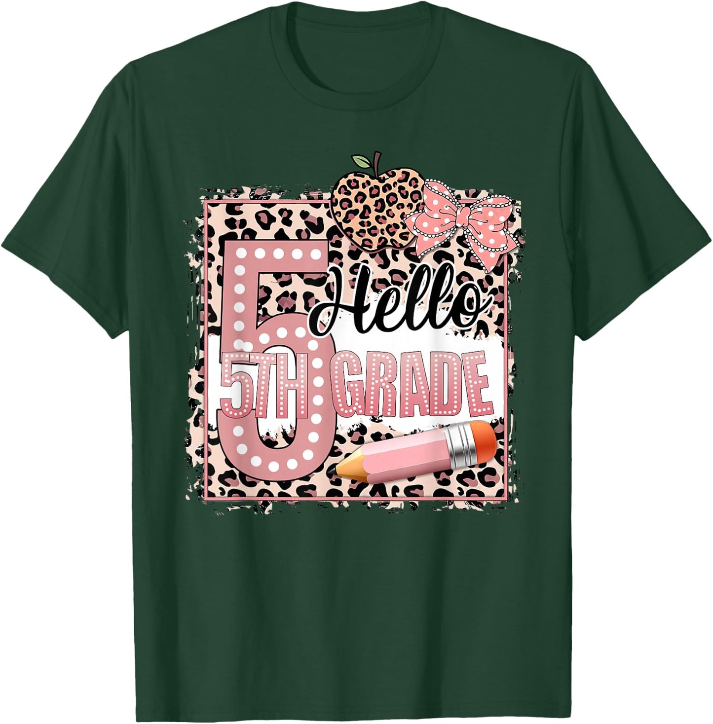 Cute Hello 5th Grade Pink Leopard Print Girls Kids T-Shirt - T-Shirt | Forest