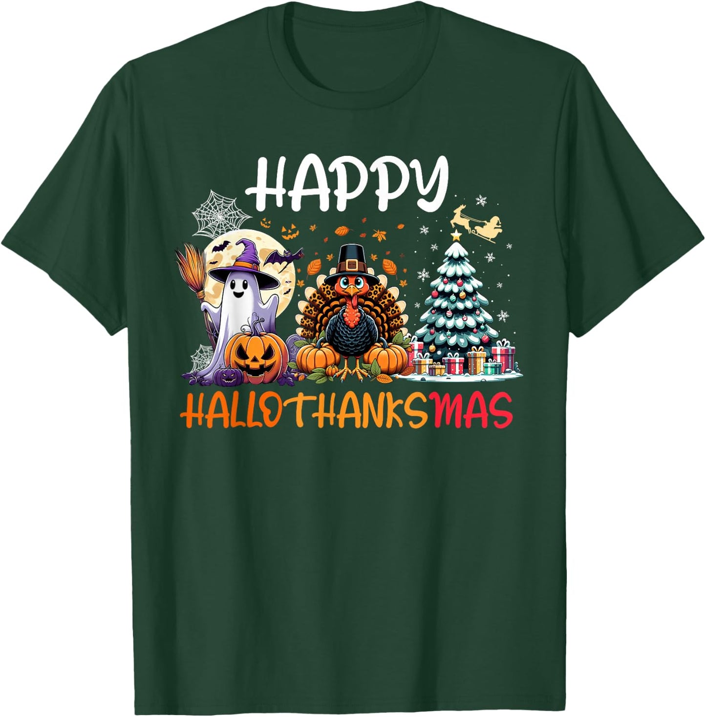 Halloween Thanksgiving Christmas Turkey Happy HalloThanksMas T-Shirt - T-Shirt | Forest