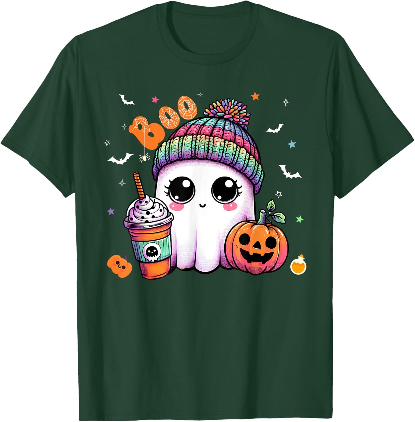Cute Ghost Boo Drinking Pumpkin Spice Coffee Halloween T-Shirt - T-Shirt | Forest