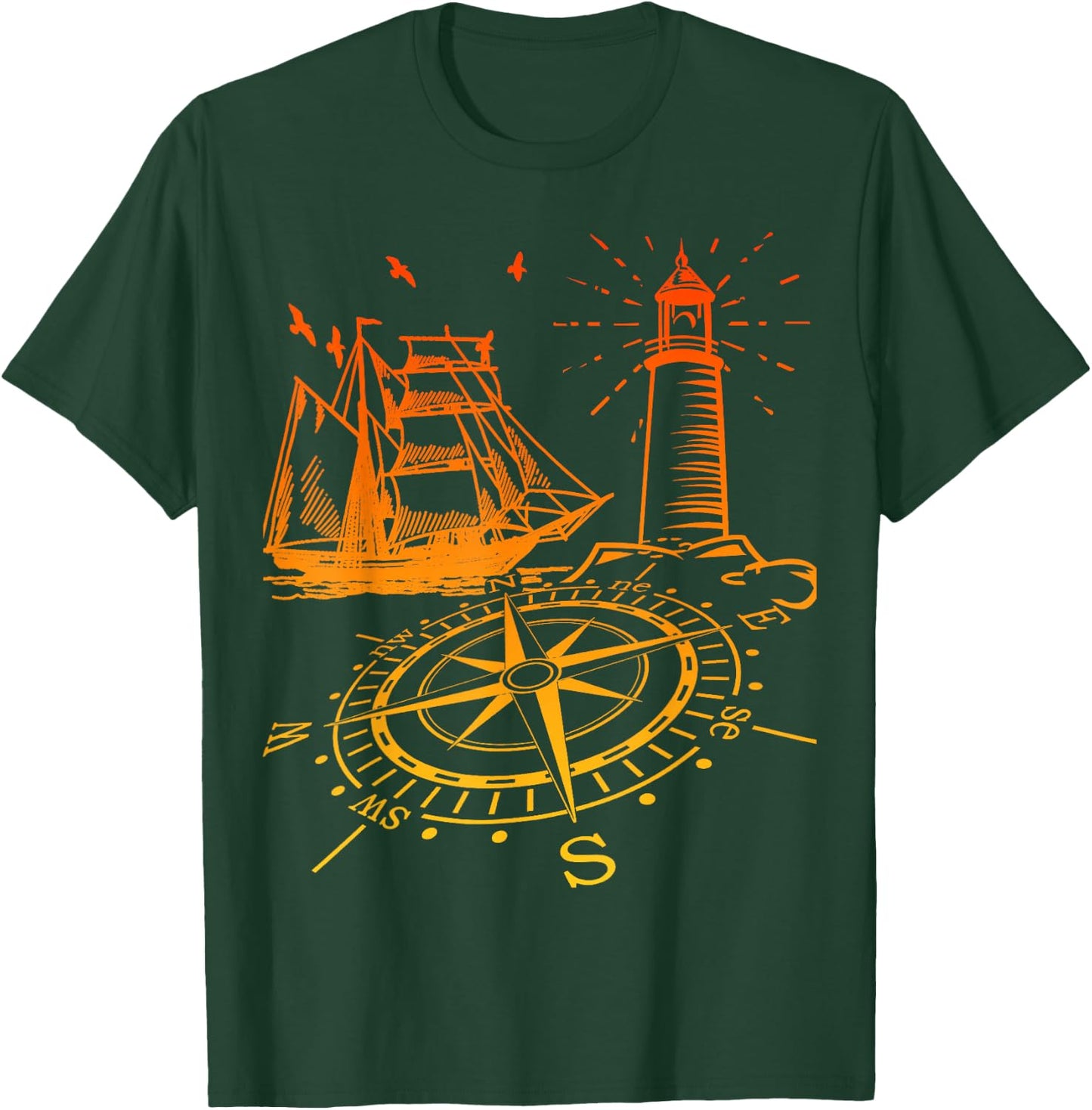 Maritim Kompass Segelschiff Norden Leuchtturm T-Shirt - T-Shirt | Forest