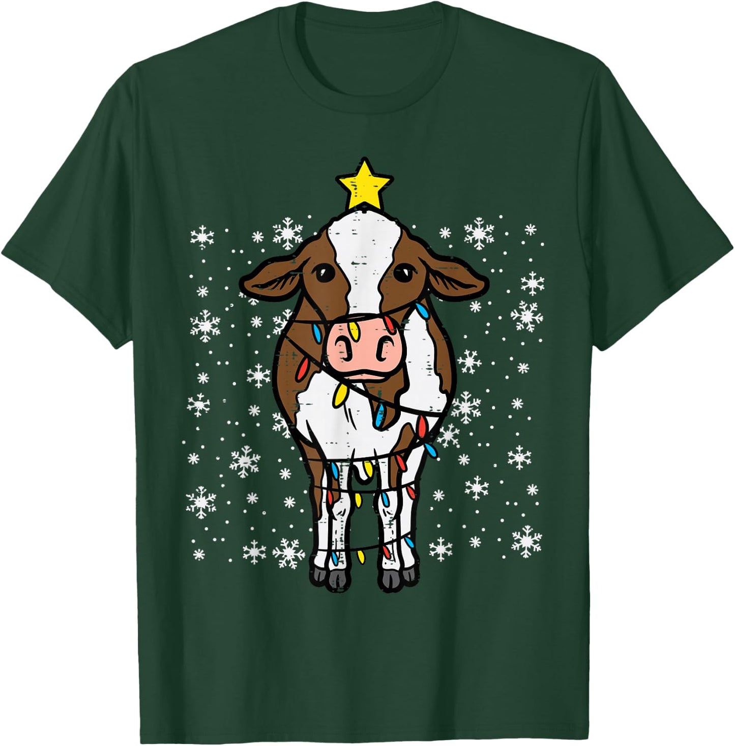 Cow Christmas Lights Funny Xmas Farm Farmer Men Women Kids T-Shirt - T-Shirt | Forest