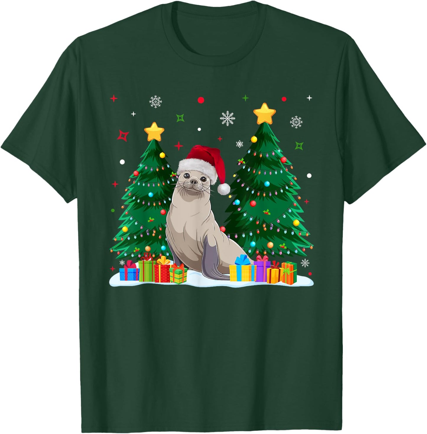 Funny Animal Lovers Seal Santa Hat Ugly Christmas Sweater T-Shirt - T-Shirt | Forest
