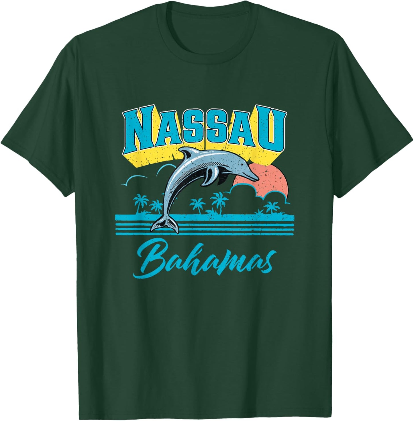 Nassau Bahamas Sunset Palm Tree Dolphin Retro Vacation T-Shirt - T-Shirt | Forest