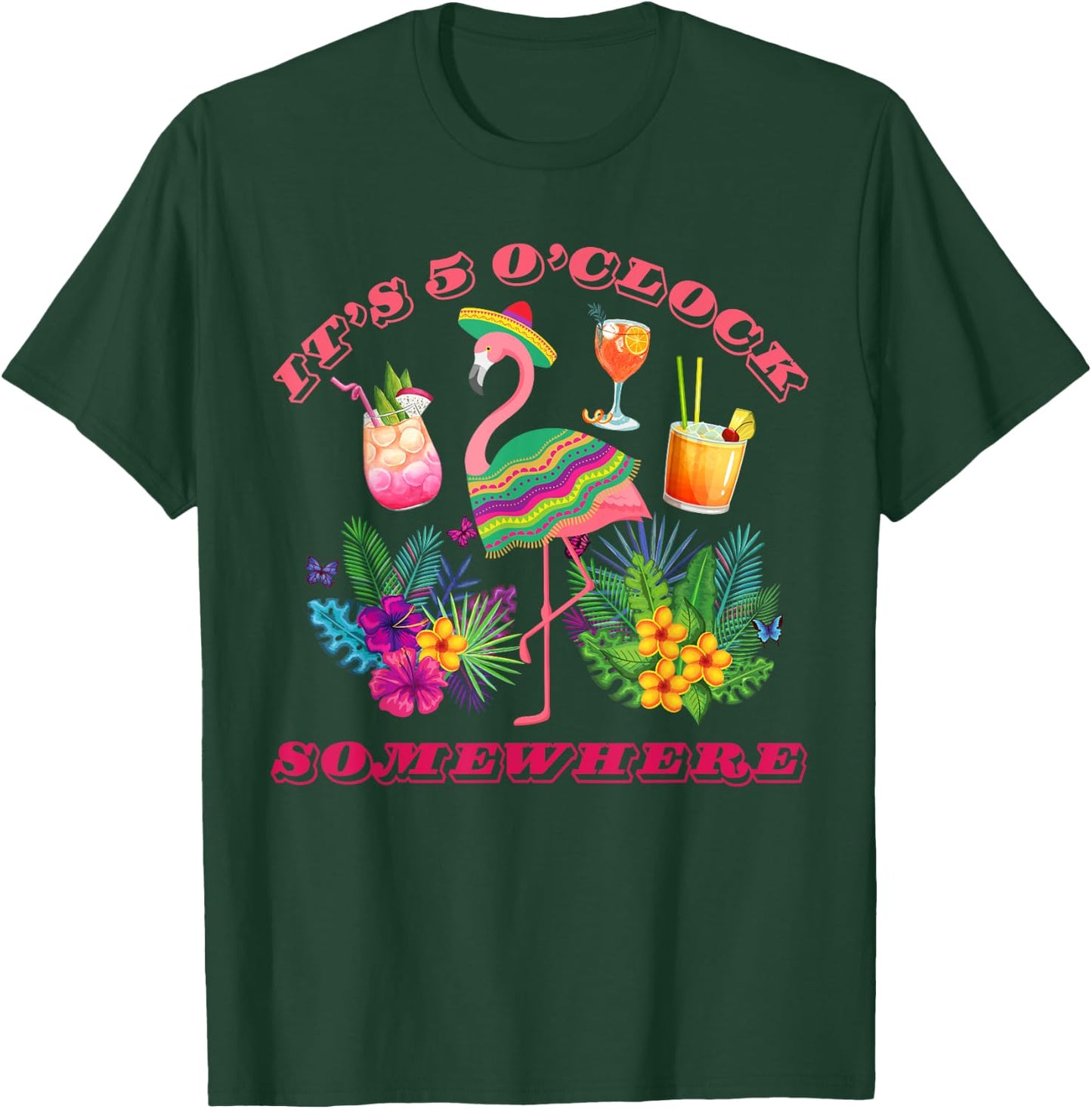 It's 5 O'clock Somewhere Parrot Sunset Drinking Summer Retro T-Shirt - T-Shirt | Forest