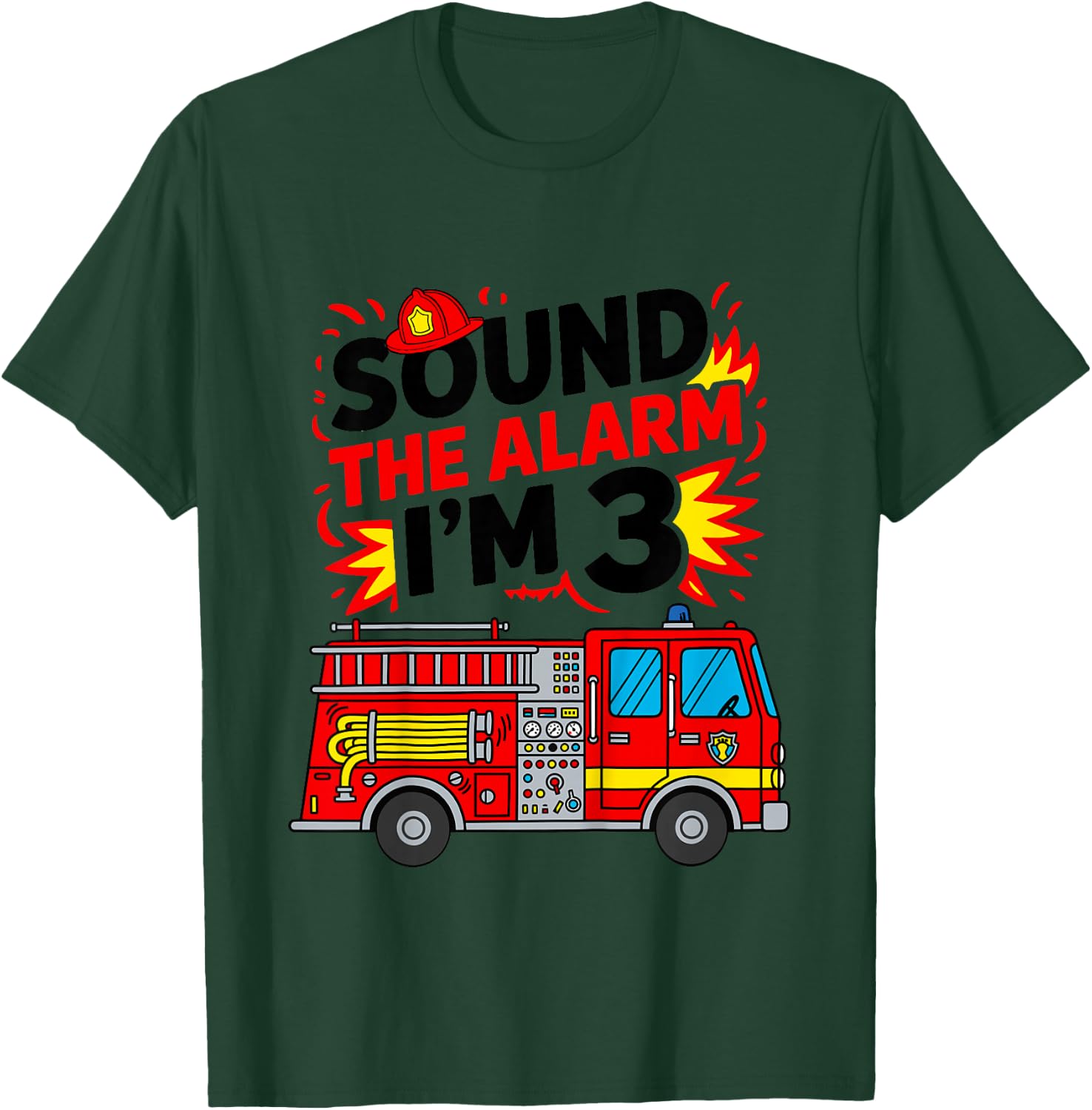 Kids Sound The Alarm I'm 3 Fire Truck 3rd Birthday Boys Kids T-Shirt - T-Shirt | Forest