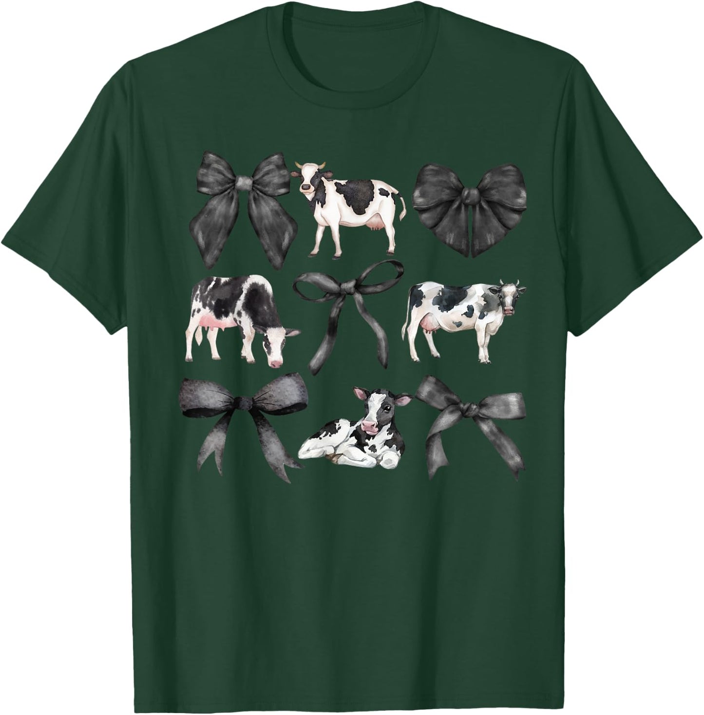 Kristen Michael Coquette Cows, Cows and Bows, Watercolor, Holsteins , Small, Grey T-Shirt - T-Shirt | Forest