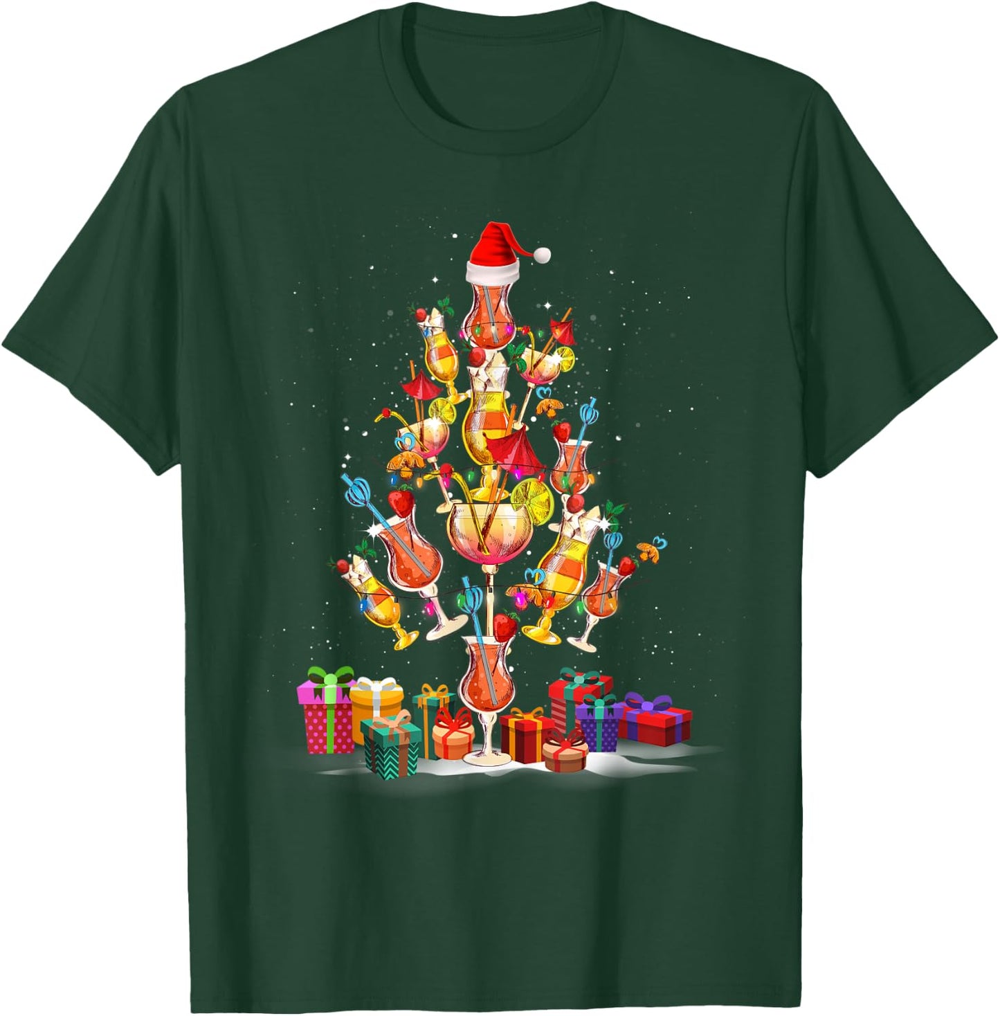 Cocktail Glasses Santa Hat Christmas Tree Drinks Xmas Pajama T-Shirt - T-Shirt | Forest