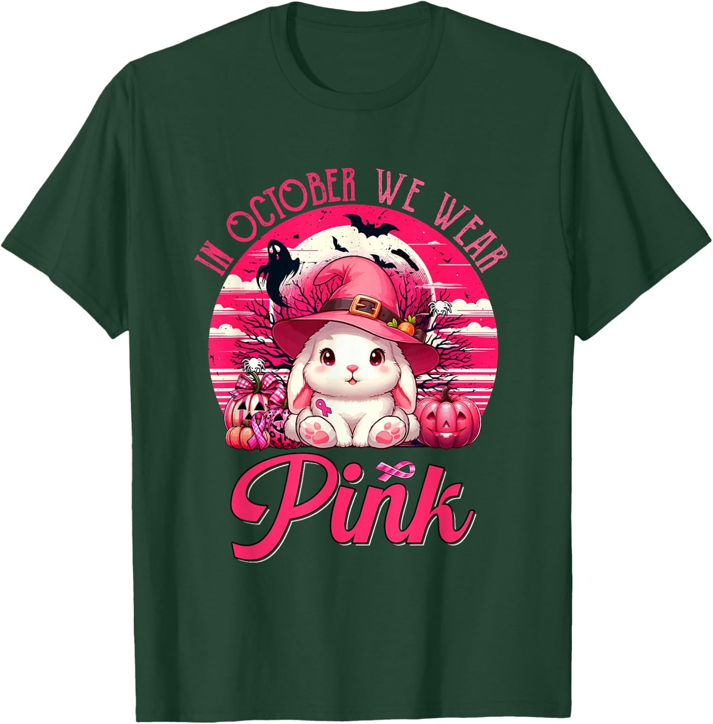 In October We Wear Pink Breast Cancer Awareness Bunny T-Shirt - T-Shirt | Forest