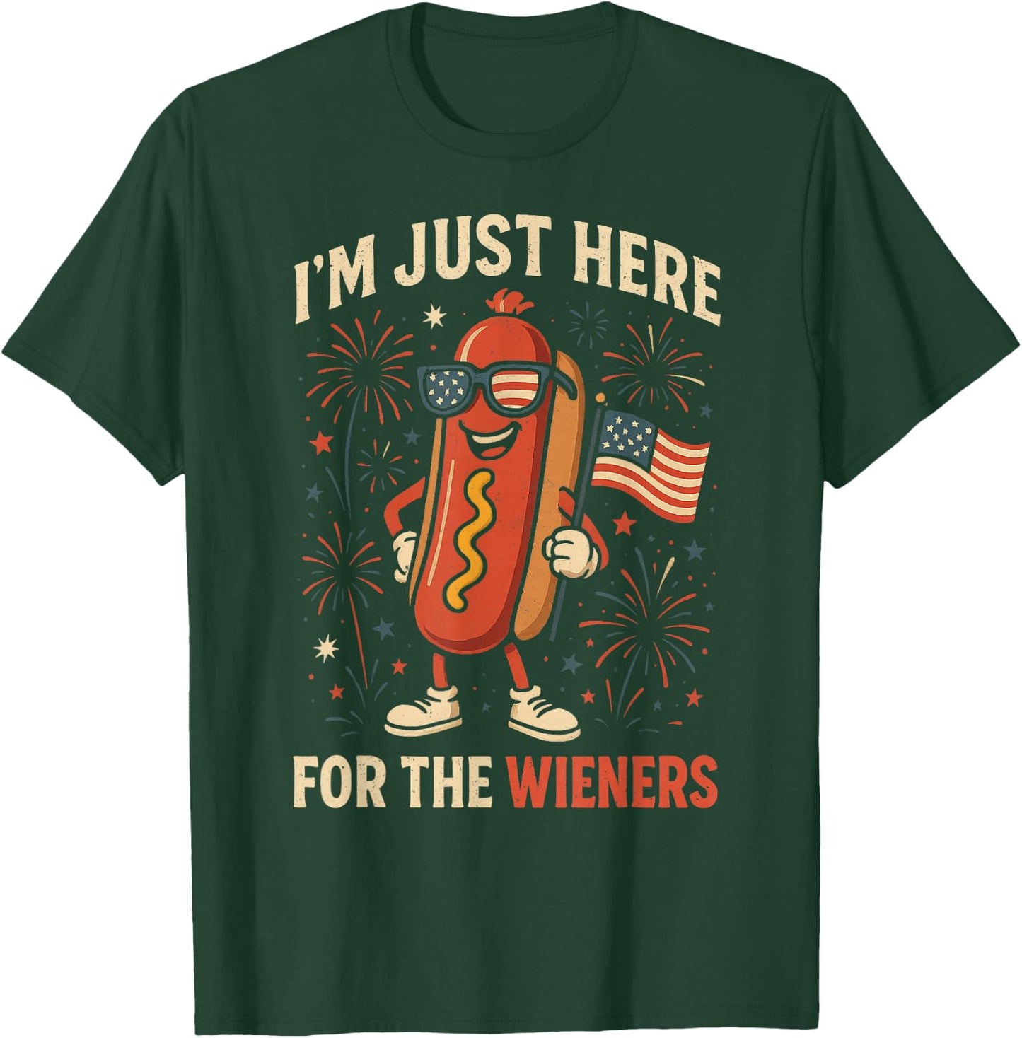 Vintage Hot Dog I'm Just Here For The Wieners 4TH of July T-Shirt - T-Shirt | Forest