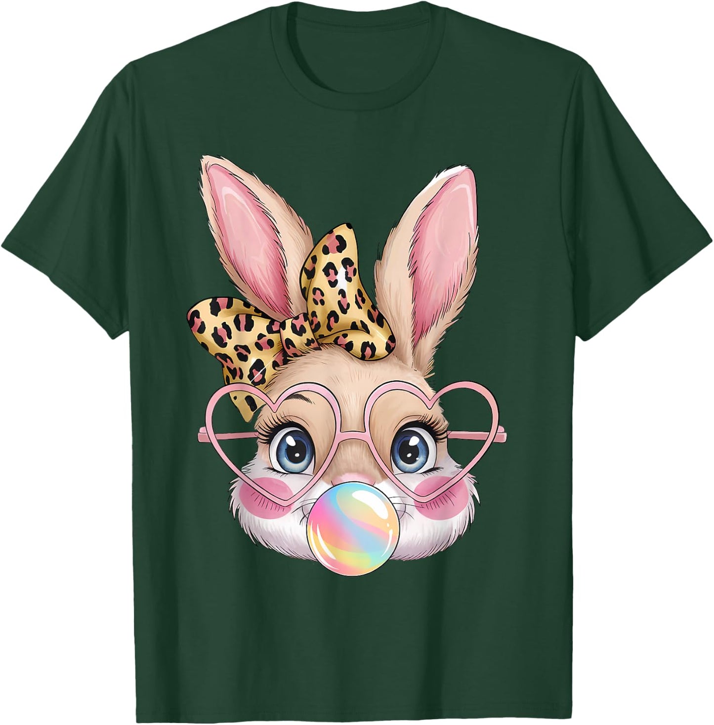 Cute Bunny Rabbit Face Leopard Bow Girls Happy Easter Day T-Shirt - T-Shirt | Forest