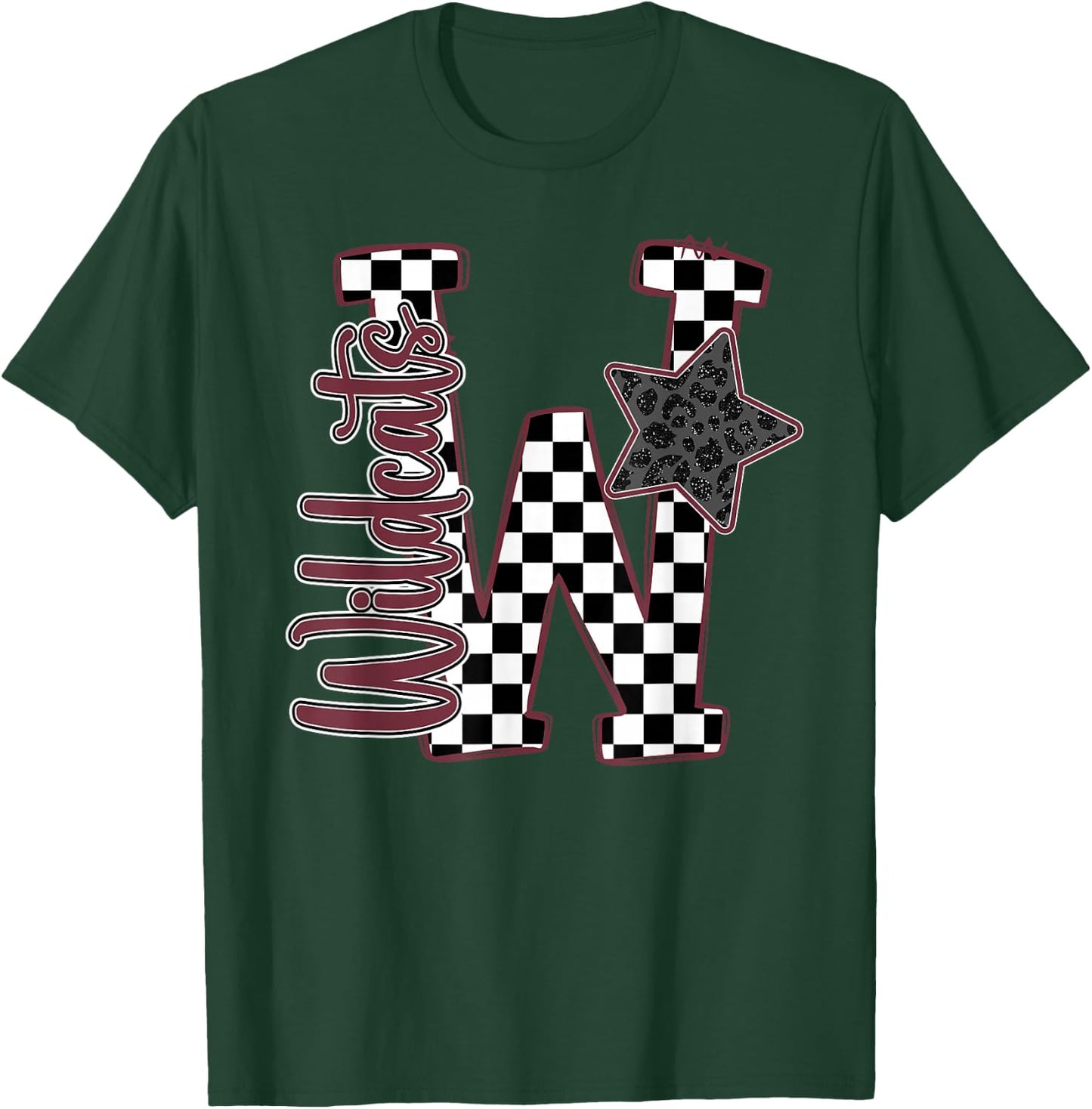 Maroon Wildcats Checkered Print Star Leopard School Spirit T-Shirt - T-Shirt | Forest