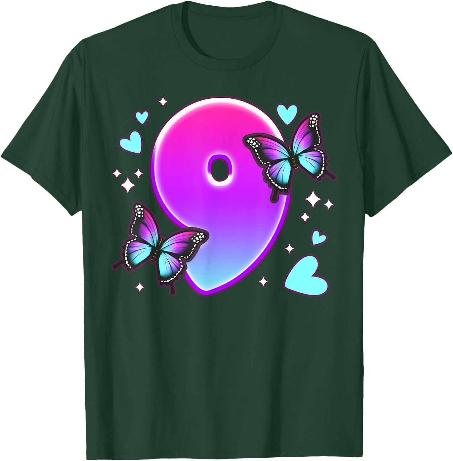 Geburtstag Mädchen 9 Jahre, Schmetterlinge und Nummer 9 T-Shirt - T-Shirt | Forest