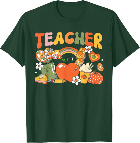 Teacher Fall Autumn Pumpkin Thanksgiving Thankful Teacher Men Women Kids T-Shirt - T-Shirt | Forest