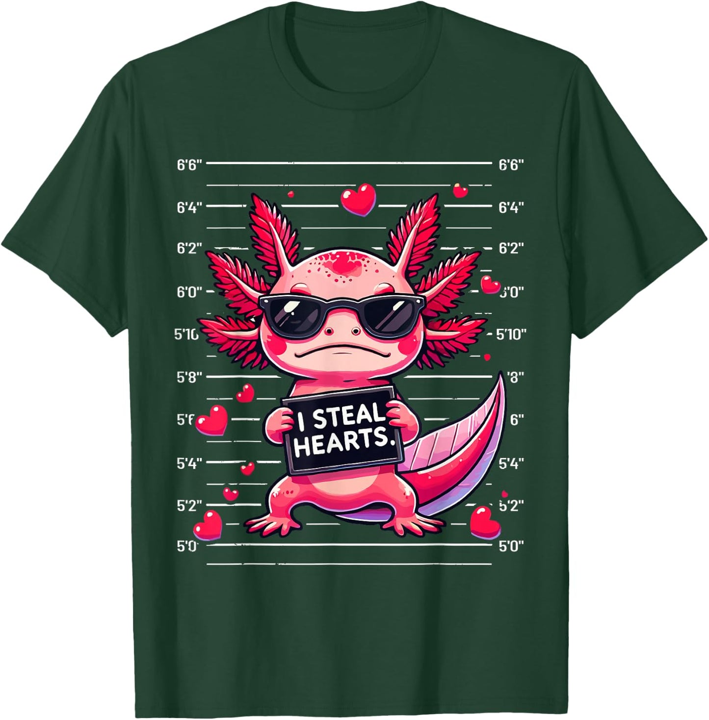 Cute Axolotl I Steal Hearts Mugshot Funny Valentine Quote T-Shirt - T-Shirt | Forest