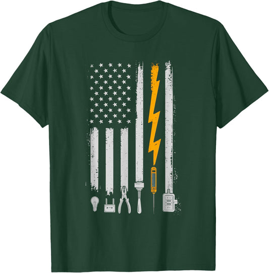 Vintage Electrician USA Flag Tools Engineer Lineman T-Shirt - T-Shirt | Forest