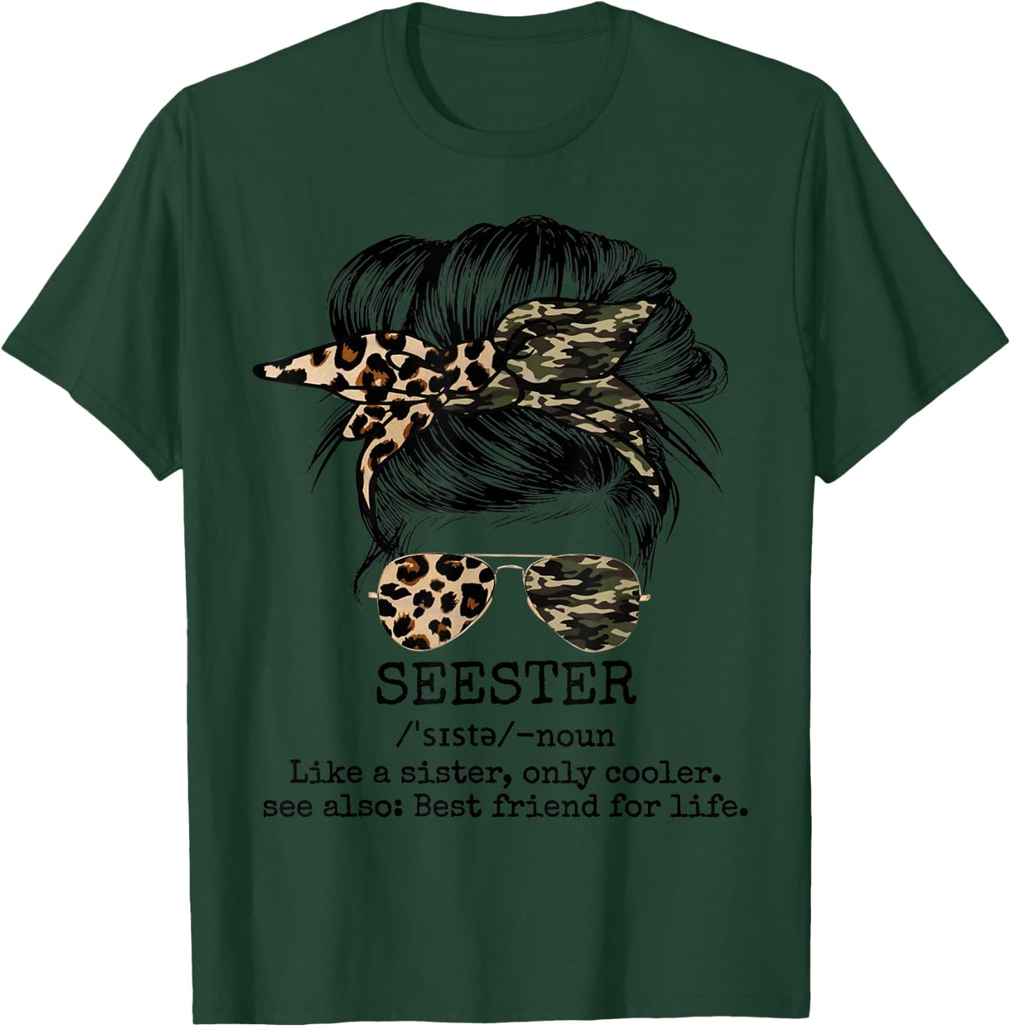 Seester Definition Messy Bun Camo Cheetah T-Shirt - T-Shirt | Forest