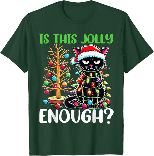 Is This Jolly Enough Funny Black Cat Christmas Tree Lights T-Shirt - T-Shirt | Forest