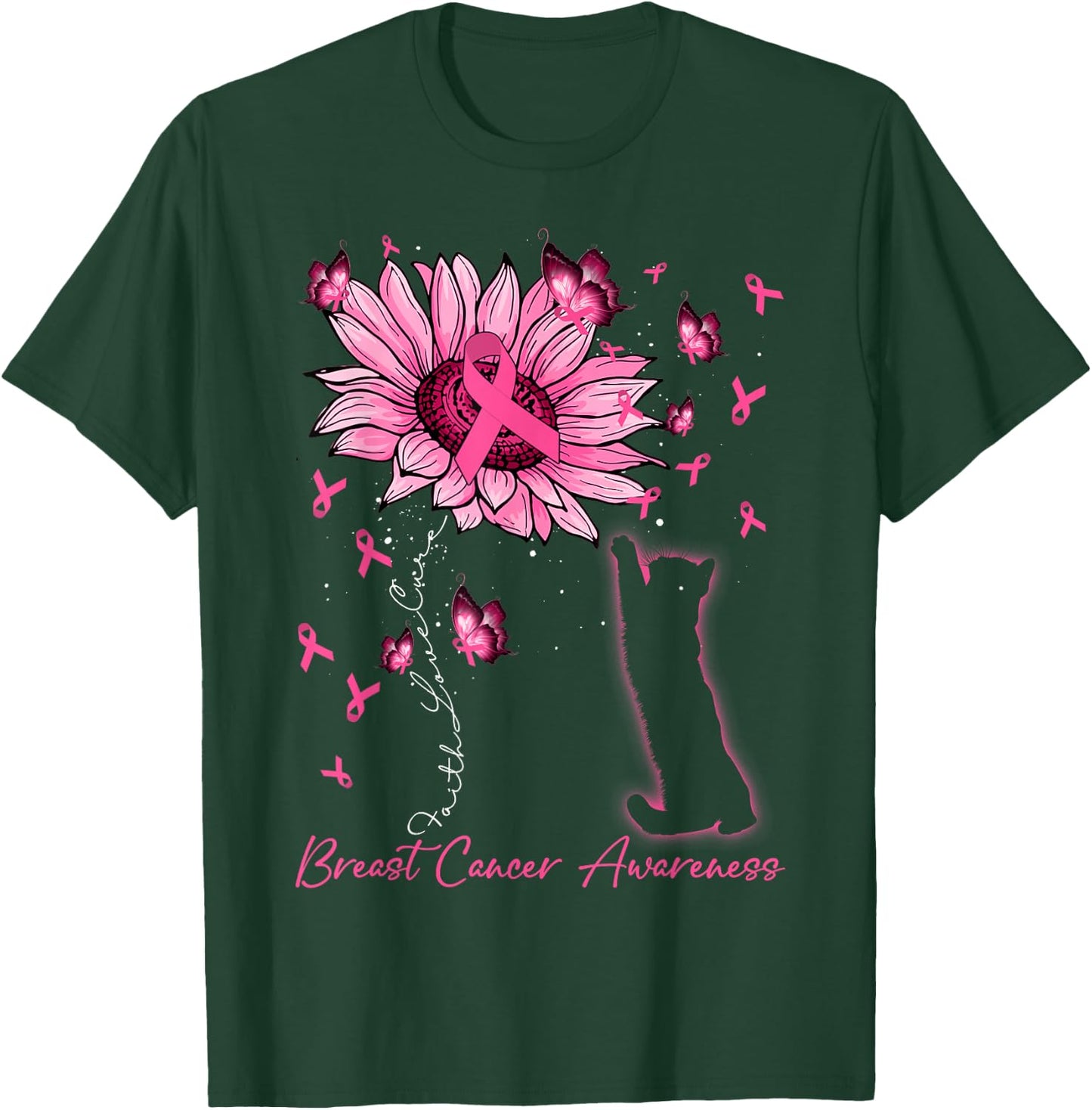 Faith Love Cure Breast Cancer Black Cat & Sunflower Women T-Shirt - T-Shirt | Forest